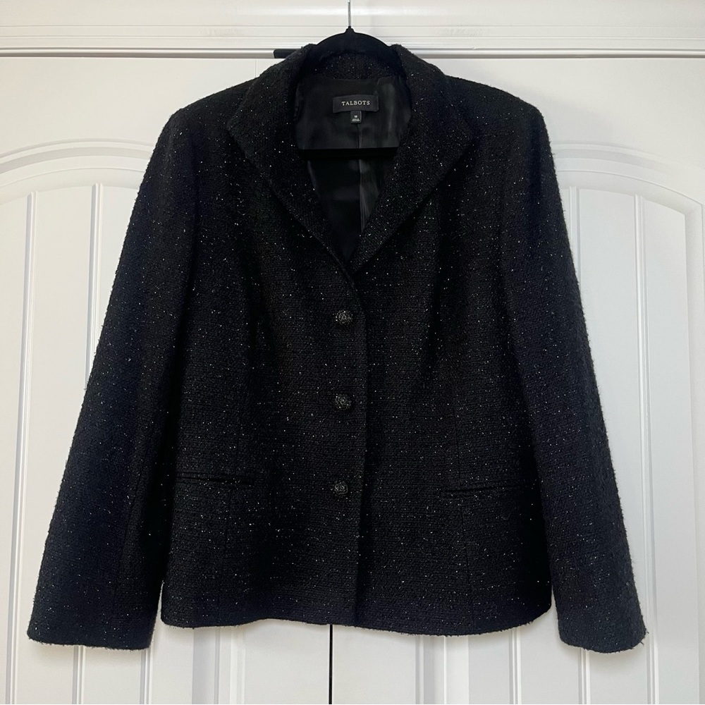 Talbots Wool Blend Black Sparkly Blazer Coat Size 18 Holiday Sparkle Glitter